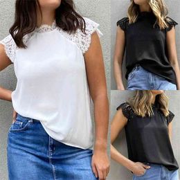 Women T-Shirts Casual Solid Colour Patchwork Design Lace Decor See Through O-Neck Short Sleeve Summer Slim Pullover Tshirts 210522