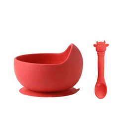 Baby Show Children Tableware Food Grade Silicone Suction Cup Bowl And Cartoon Spoon Sets Solid Feeding Tableware Baby Goods 2022 G1210