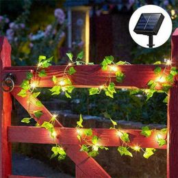 Solar / Battery Powered LED Ivy Fairy String Lights Garland Wreath Wedding Party Garden Outdoor Wall Fence Lamps Decoration 211104