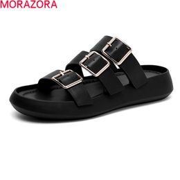 MORAZORA Summer Fashion Women Slippers Comfortable Flat Heel Ladies Casual Shoes Genuine Leather Mules Shoes Black White 210506