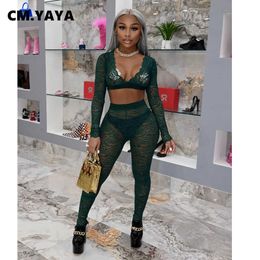 CM.YAYA Active Lace Sweatsuit Women's Set Crop Top and Legging Pants Suit Sexy Club Party Tracksuit Two Piece Set Fitness Outfit Y0625