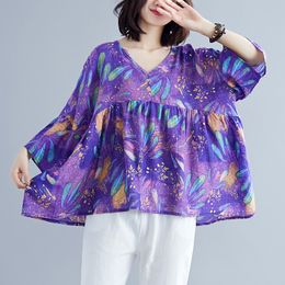 Johnature Spring Summer Fashion Floral Print V-neck Flare Sleeve Shirt Loose Comfortable All-match Women Tops Shirts 210521