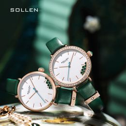 Wristwatches SOLLEN Women Watch Top Green Female Waterproof Clock Genuine Leather Bracelet Fashion Simple Ladies Wristwatch