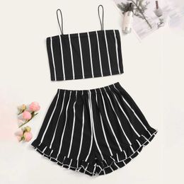 Women Sexy Stripe Sleeveless Suspender Blouse And Short Pants 2-piece Casual Home Set Fashion Pyjama Sets Sexy Nighties #t1g Q0706