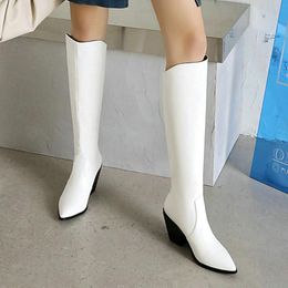 Boots The Black White Brown Women Knee Length High Pointed Thick Heel Ladies Knight Winter Western