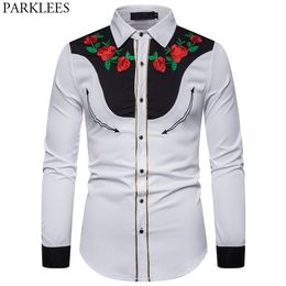 Men's Rose Flower Embroidery Western Shirt Mexican Man White Shirts Slim Fit Long Sleeve Party Festival Cowboy Costume Camisas 210522