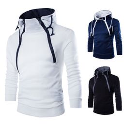 Solid Mens Sweatshirt Contrast Casual Slim Double Zipper Decoration Hoodies Men Warm Pull Ribbed Hem Male Streetwear 210524