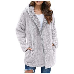 Women Autumn Winter Jacket Female Coat Causal Soft Hooded Fleece Plush Warm Plus Size Faux Fur Fluffy Zipper Top Sudadera 211220
