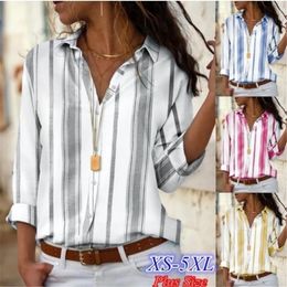 Women Blouses Chic Striped Print OL Office Ladies Work Casual Shirt Long Sleeve Button Casual Plus Size Blouse Lapel Blusa Tops 210317