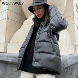 WOTWOY Cotton Liner Winter Leather Jacket Women Casual Thickening Padded Parkas Loose Warm Black Coats Female Windbreaker 211013
