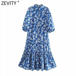 Zevity Women Vintage Lantern Sleeve Floral Print Hem Pleat Ruffles Shirt Dress Female Chic Breasted Casual Slim Vestidos DS8176 210603