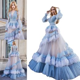 2021 Ruffle Folds Kimono Women Dresses Robe for Photoshoot Extra Puffy Sleeves Feather Prom Gowns African Cape Cloak Maternity Dress Photography