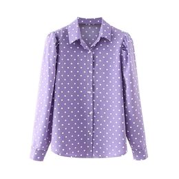 Elegant Women Polka Dot Purple Shirts Fashion Ladies Puff Sleeve Tops Sweet Female Chic Turn Down Collar Blouses 210527