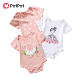 3-Pack Baby Swan or Girl Print Short-sleeve Rompers for 0-12M Cotton Jumpsuit Clothes 210528