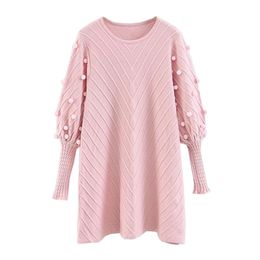 Pink Beige O Neck Long Sleeve Knitted Hairball Mini Short Dress A Line Solid Puff Sweet Winter Autumn D0833 210514