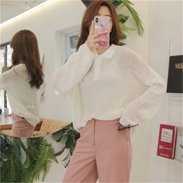 Korean Fashion Loose Knitted T Shirts Tees Women Long Sleeve Turn-down Collar See Though Solid Casual Tops T-shirts Femme 210513