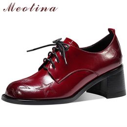 Meotina Natural Genuine Leather High Heel Shoes Women Block Heels Round Toe Pumps Lace Up Female Footwear Spring Black Size 42 210608