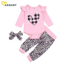 3-24M Valentine\us Day Leopard born Infant Baby Girl Clothes Set Heart Print Romper Pants Spring Outfits 210515