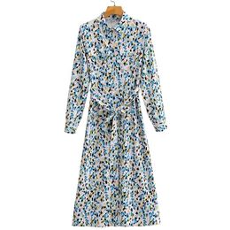 Women Summer Shirts Dress Vintage Casual Long Sleeve Floral Print Pockets Female Elegant Street Mid-Calf Dresses Vestidos 210513