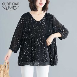 Fashion women blouse and tops ladies tops chiffon blouse shirts V-Neck black top korean fashion clothing harajuku 3139 50 210527