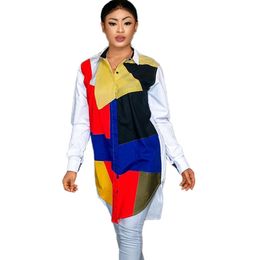 Patchwork Kontrast Farbe Langarm Shirt Kleid Frauen 2021 Drehen Unten Kragen Taste Asymmetrische Hemd Kleid Casual Herbst Kleid X0521