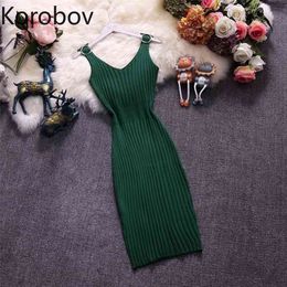 Korobov Summer New Arrival Elegant V Neck Dress Korean Solid Knitted Slim Sexy Dresses Summer Fashion Sleeveless Vestidos 210430