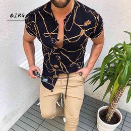 Summer Men's Shirt Slim Fit Short Sleeve Hawaii Casual s Male Single-Breasted Letter Printing Clothing 210721