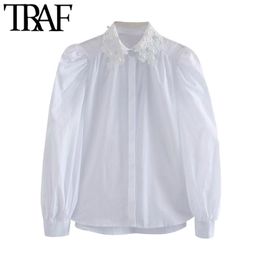 Women Fashion Pearl Beading Patchwork Asymmetric Blouses Vintage Long Sleeve Button-up Female Shirts Chic Tops 210507