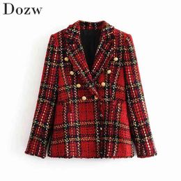 Double Breasted Women Plaid Blazers Fashion Tassel Notched Collar Office Suits Long Sleeve Lady Jacket Autumn Blazer Feminino 210515