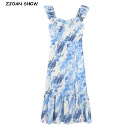 France Style Blue White Tie dye Print Wood ears Strap Ruffles Hem Midi Dress Retro Sexy Women Elastic Slim Sling Tea 210429