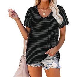 Casual Striped Print T-shirt Women Big Size Summer Elegant O-Neck Short Sleeve Loose Pocket Tops Female Oversize Black Tee Shirt 210522