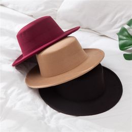 -Massive Farbe Filz Fedoras Hut Für Männer Frauen Künstliche Wollmischung Jazz Cap Wide Ribliothek Einfache Kirche Derby Wohnung Top Hat 2875 Q2