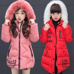 3-12T Girls' Coat Big Fur Collar Hooded Jacket Winter Thick Warm Cotton Mid-length Down Girls Quilted 211203