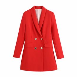 Evfer Summer Office Lady Casual Long Sleeve Double Pockets Za Red Slim Blazers Women Fashion Breasted V-Neck Outwear 211019