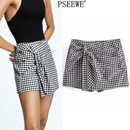 Women's Skort Za Black White Plaid High Waist Short Skirt Woman Fashion Gingham Front Knot Casual Summer Shorts 210611