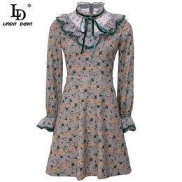 Fashion Runway Dress Women Lace Patchwork Stand collar Ruffle Floral Plaid print Shirt style Vintage Mini 210522