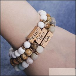 Beaded, Strands Jewellery Hammered Bar Engraved "Faith" Bracelets Inspirational Handmade Beaded Gemstone White Marble Unisex Stretch Bracelet