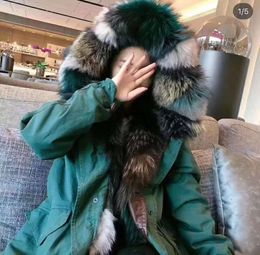 2022 new style warm parkas Malachite Green grey raccoon furs trim women snow coats fox fur lining cyan-blue MINI female jackets with ykk zipper