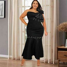 Plus Size 4XL Party Dresses Women Sexy Strapless Mermaid Midi Cocktail Evening Event Occasion Robes with Bowtie Beading 210527