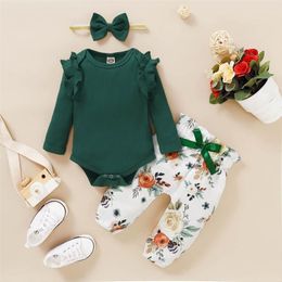 Newborn Spring Outfits 9 Month Baby Girl Clothes Solid Green Ruffles Long Sleeve Romper Floral Print Pants Headband Sets 210317