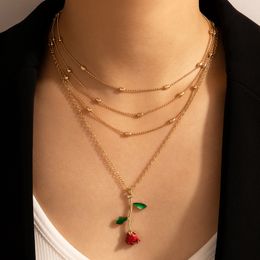 New Style Red Roseflowers Pendant Necklace for Women Charms Multi-layer Gold Alloy Metal Chain Choker Necklace Collar