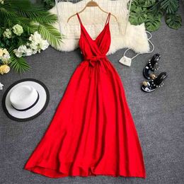 Women Beach Holiday Casual Dress Lady V Neck Sleeveless Backless Sexy Elegant Solid Color Vestidos G882 210527