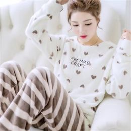 Winter Flannel Thicken Pyjamas Set for Women Long Sleeve + Pants Casual Loose Warm Soft Sleepwear Loungewear 2Pcs Pjs 211211