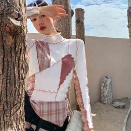 Autumn Winter Black And White Pink Plaid Asymmetric Turtleneck Long-sleeved Fashion Slim T-shirt For Women 2A1830 210527