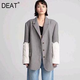 DEAT spring Fashion Lapel Knitted Full Sleeve Single Breasted Casual Temperamentn Grey patchwork suit Jacket 7B0300 210428
