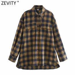 Zevity Women Vintage Double Pockets Decoration Plaid Print Casual Blouse Office Lady Retro Breasted Shirt Chic Blusa Tops LS7456 210603