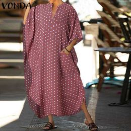 Plus Size Women Asymmetric SundrCasual Polka Dot Maxi DrLoose Summer Kaftan DrWith Pockets VONDA Loose Vestidos X0529