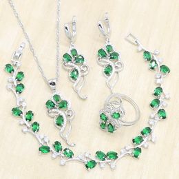 Earrings & Necklace Green Semi-precious Silver Color Jewelry Sets For Women Bridal Pendant Rings Bracelet Birthday Gift