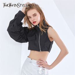 Streetwear Patchwork Zipper Jacket For Women Lapel Lantern Sleeve Asymmetrical Casual Short Jackets Female Fashion 210524