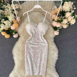 Women Sexy Club Party Dress Fashion Summer V Neck Bling Sequins Bodycon es Ladies Elegant Spaghetti Strap Mini 210525